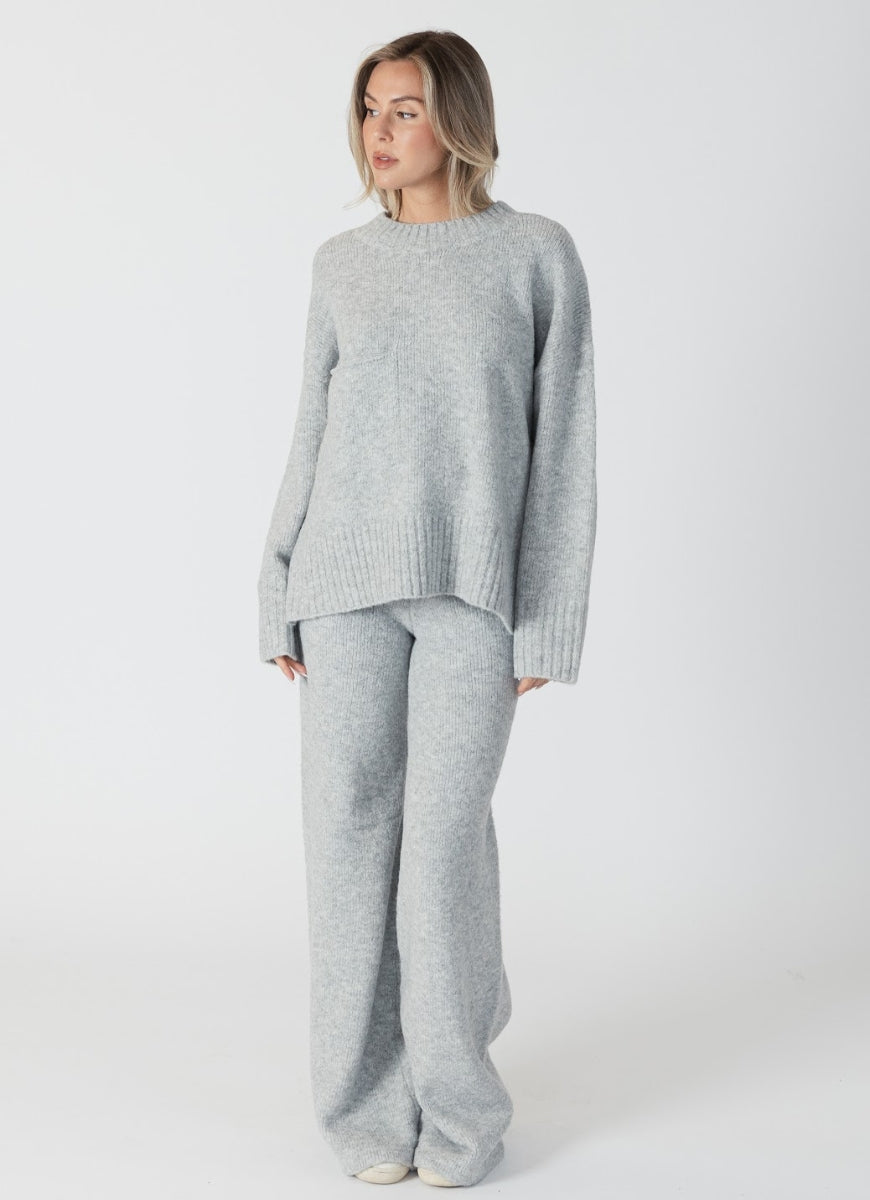 Lyla + Luxe Ollie Crewneck Sweater in Light Grey Full Length Front View