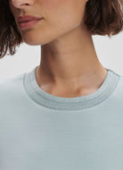 Varley Shea Crop Tank Top in Ether Blue Close Up Front View of Neckline