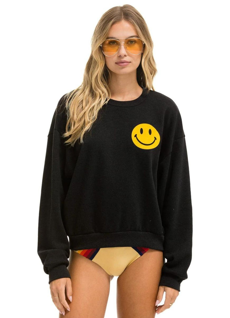 Aviator Nation Smiley 2 Light Weight Relaxed Crew Sweatshirt in Black Front View