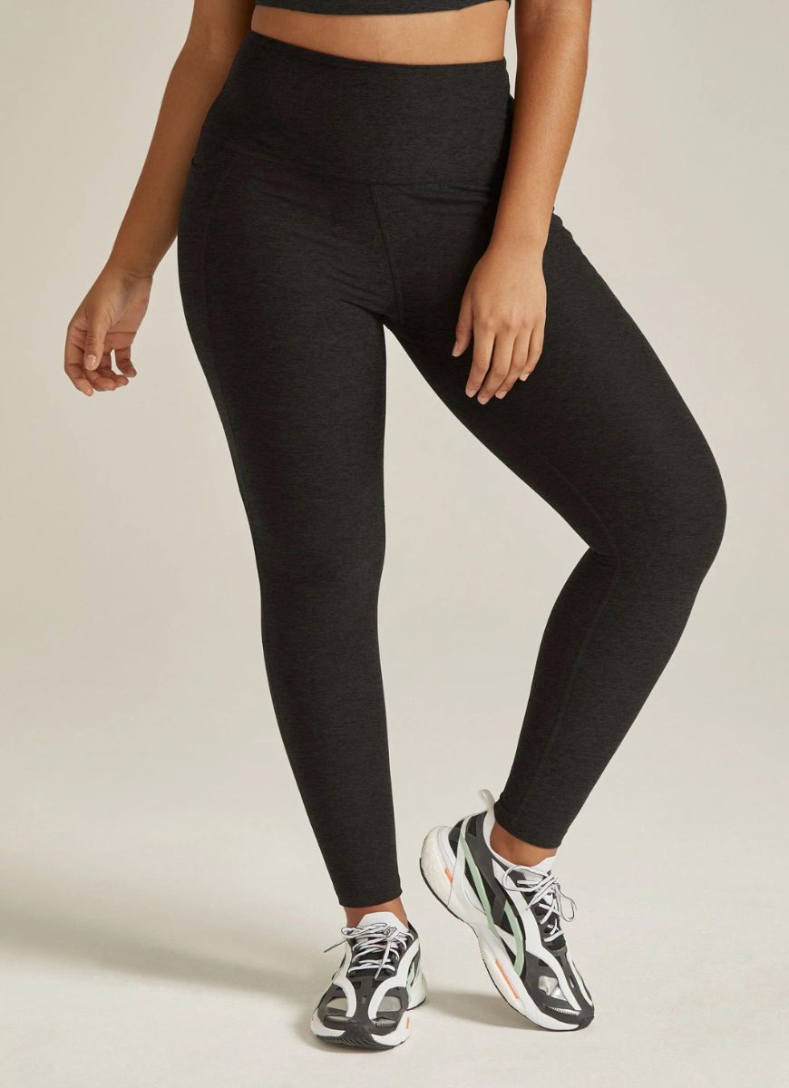 Beyond Yoga Out of Pocket High Waisted Midi Legging in Darkest Night Waist Down Front View