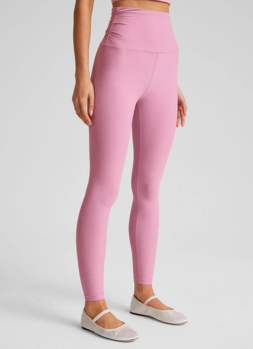 Beyond Yoga Spacedye Raise The Barre Shirred Legging in Pink Angled Side View