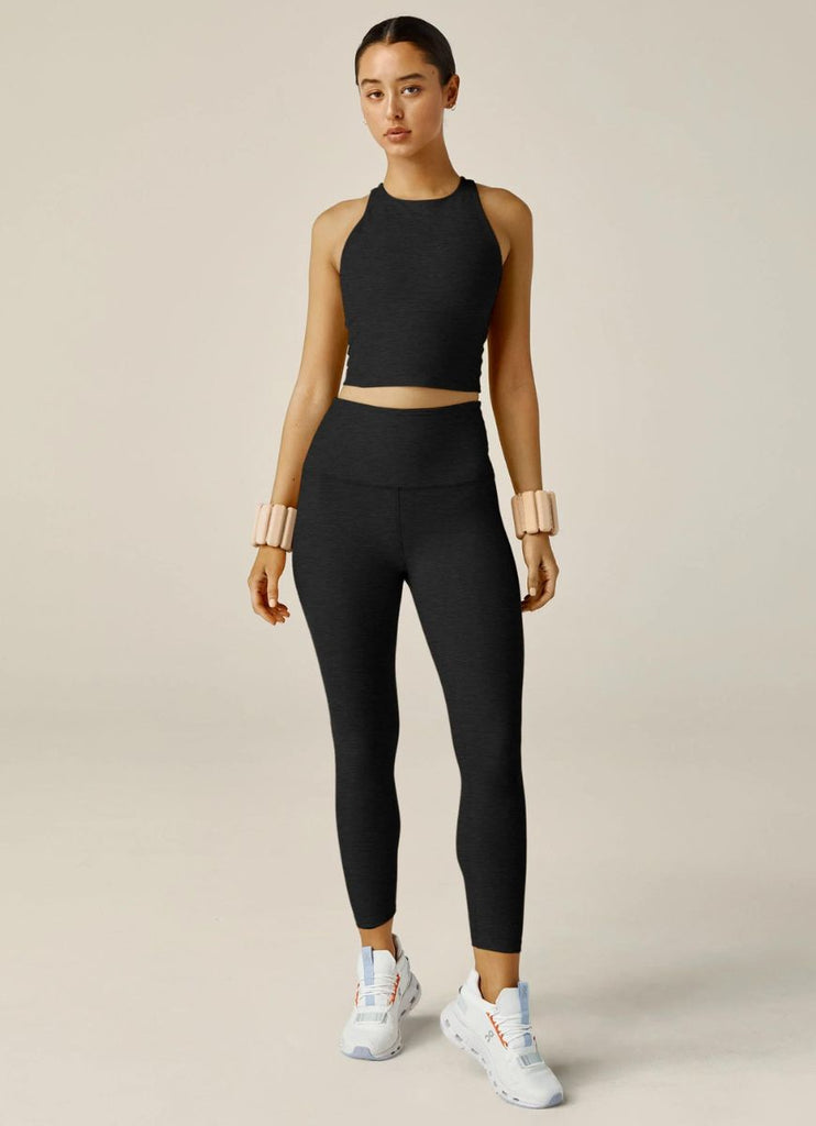 Beyond Yoga Spacedye Refocus Cropped Tank in Darkest Night Full Model Front View