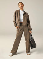 Beyond Yoga Status Pocket Sleeve Cropped Jacket in Dune Full Length Front View