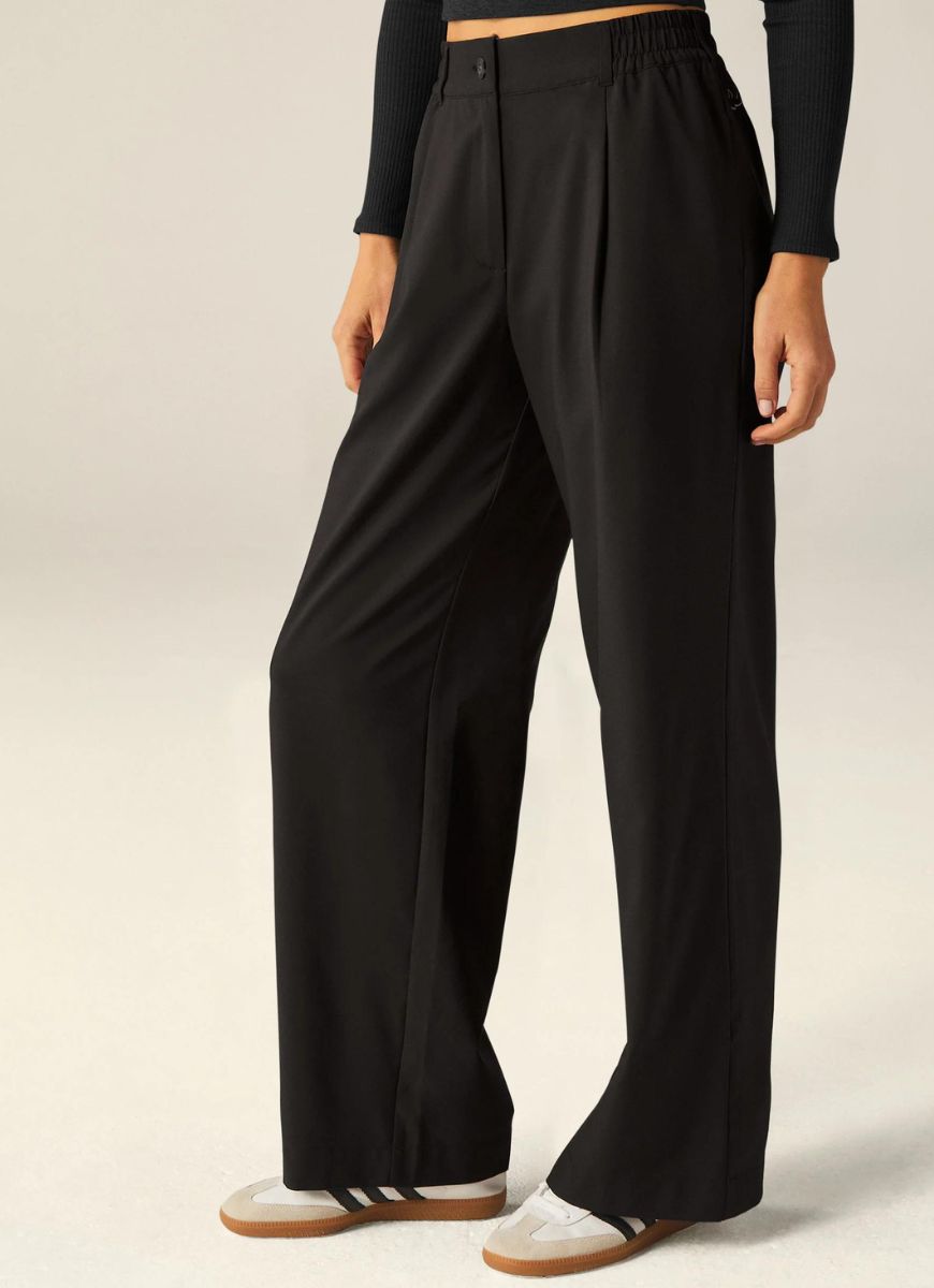 Beyond Yoga Status Wide Leg Trousers in Black Angled Side and Front View