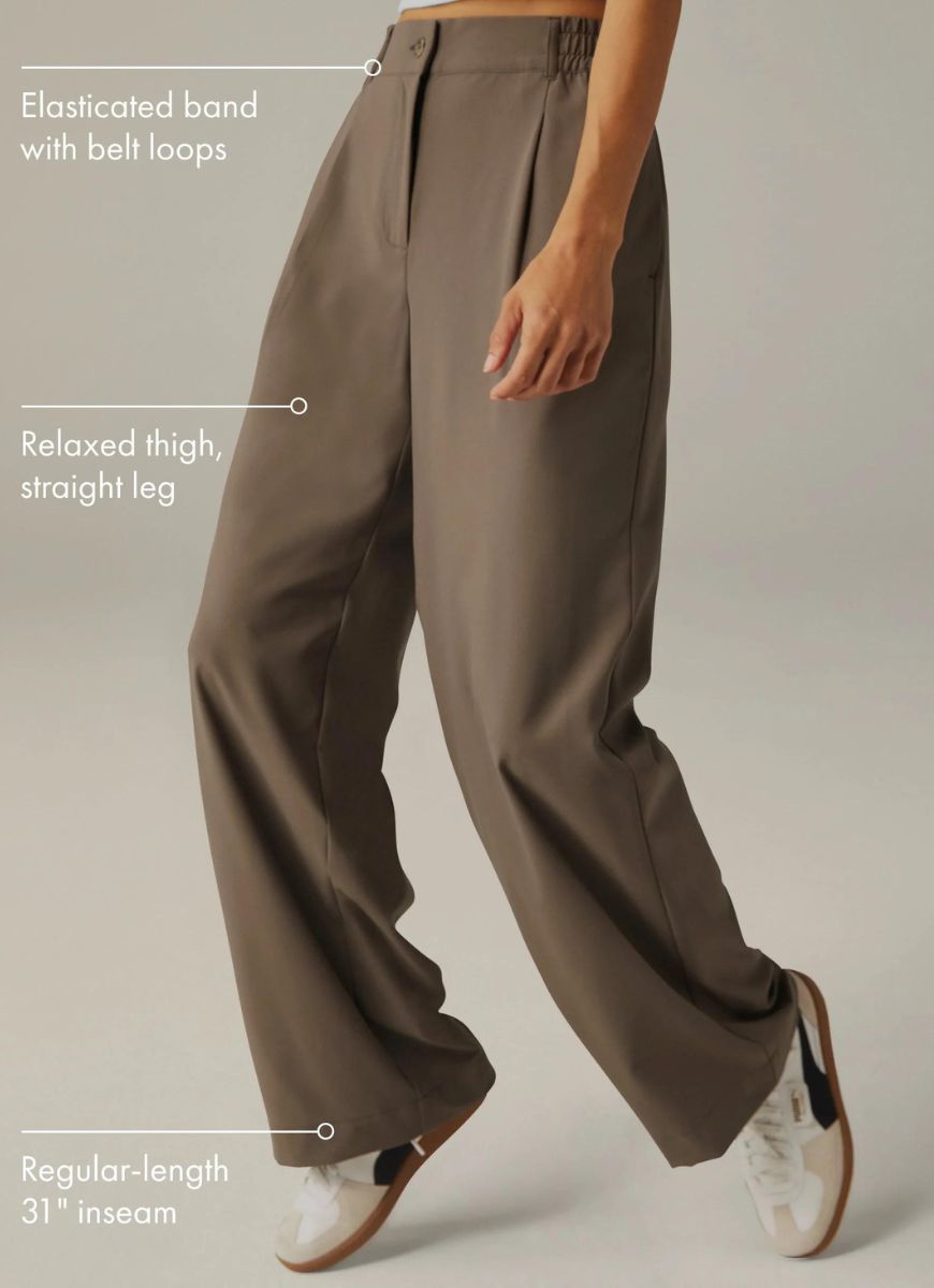 Beyond Yoga Status Wide Leg Trousers in Dune Side View