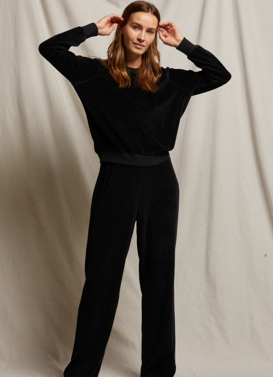 perfectwhitetee Stella Shrunken Velour Sweatshirt in Black Full Length Front View