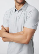 Vuori Men's Strato Tech Polo in Platinum Heather Close Up Front View