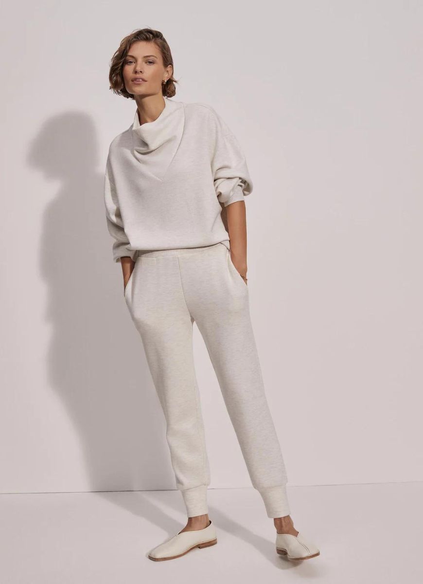 Varley The Slim Cuff Pant 25 in Ivory Marl Full Front View with Hands in Pockets