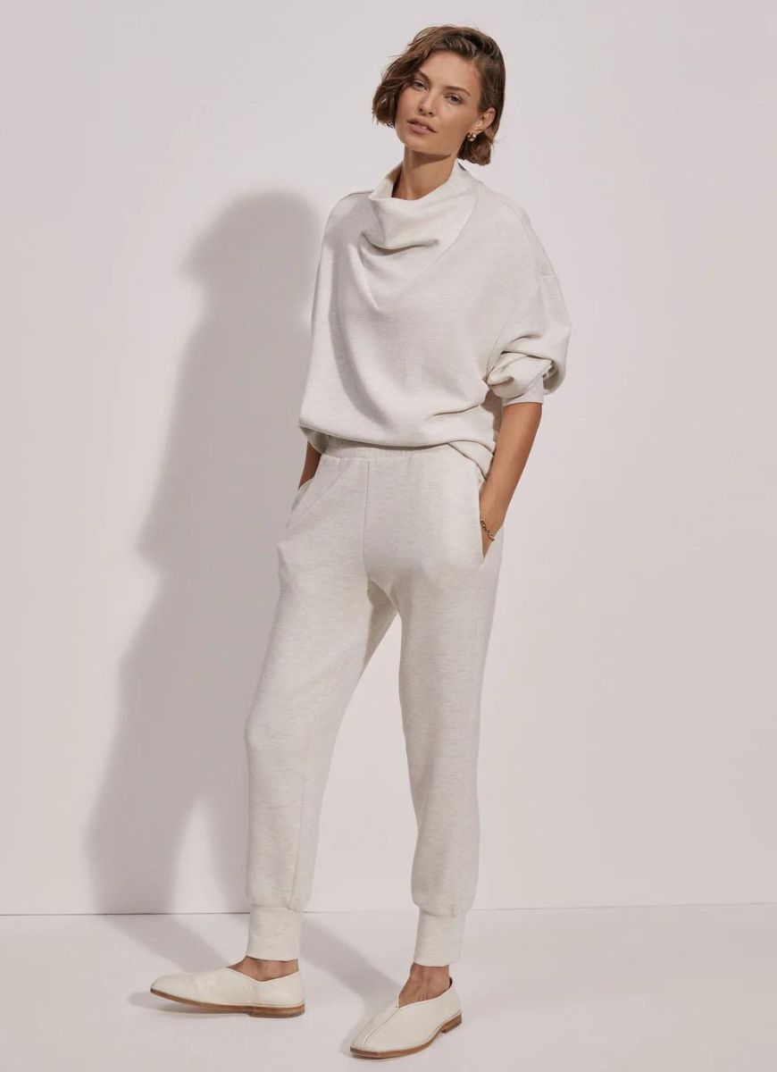Varley The Slim Cuff Pant 25 in Ivory Marl Angled Front/Side View with Hands in Pockets