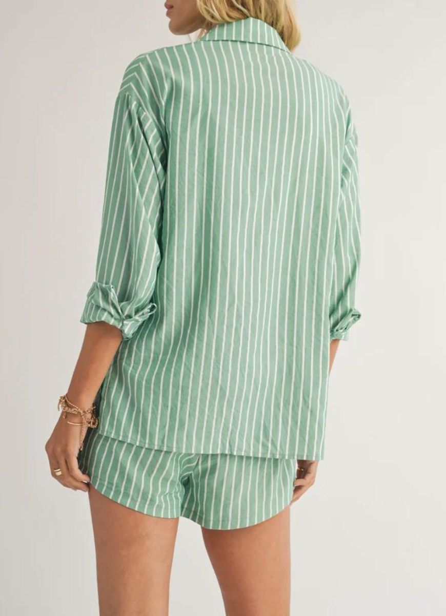 Sadie & Sage Traditions Striped Button Up Shirt in Green Back View