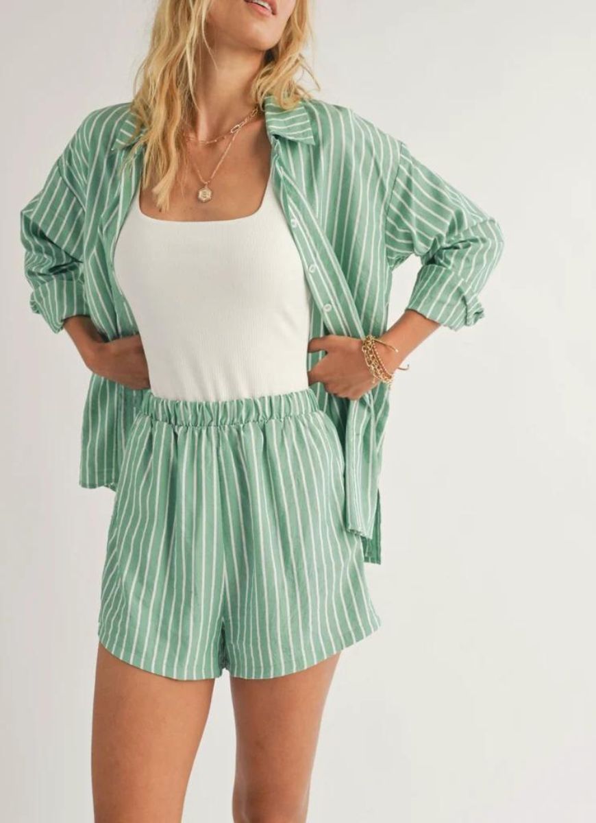 Sadie & Sage Traditions Striped Button Up Shirt in Green Front View