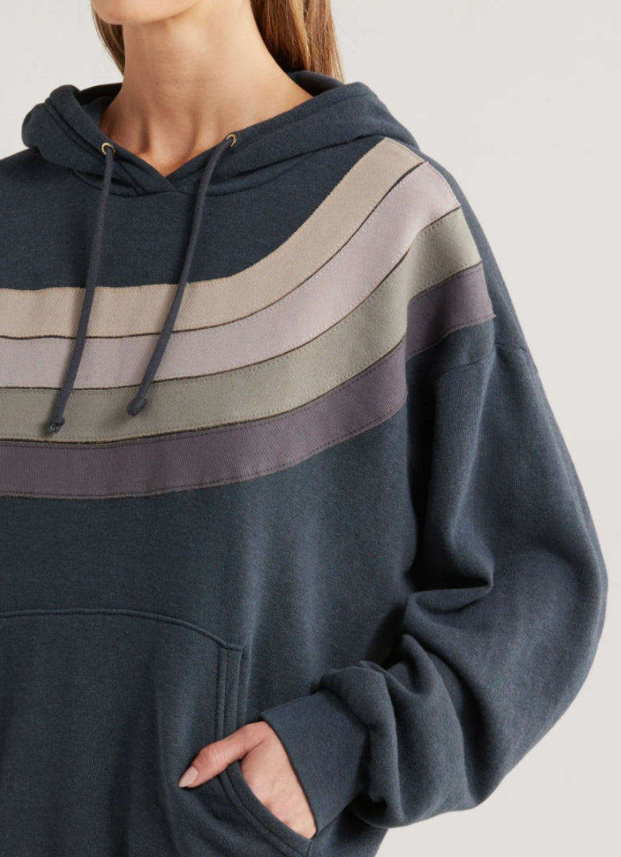 Aviator Nation Wave Stripe 4 Pullover Hoodie Relaxed in Charcoal Close Up Front View