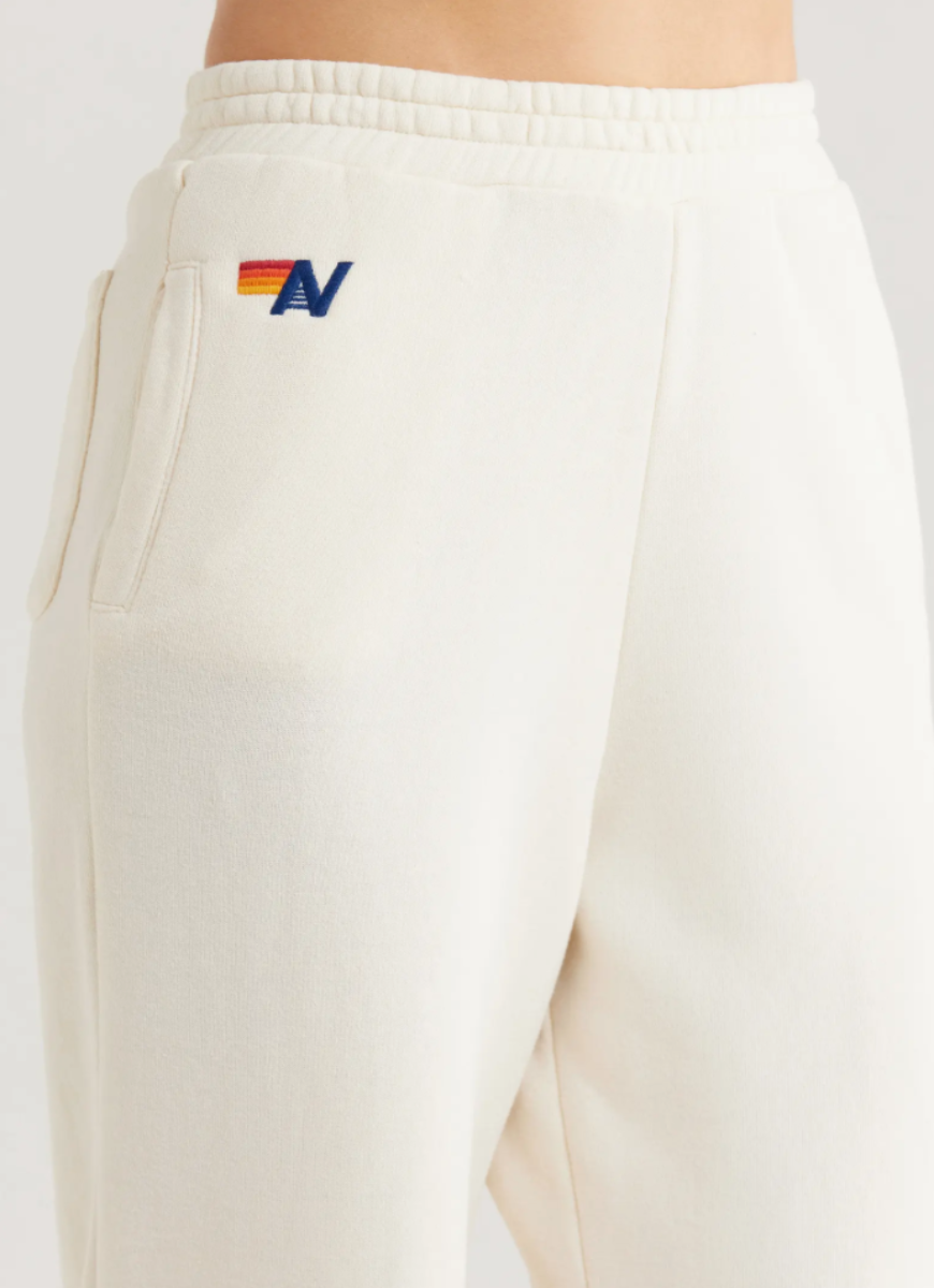 Aviator Nation Wide Leg Women’s Pocket Sweatpants in Vintage White Close Up View of Waistband