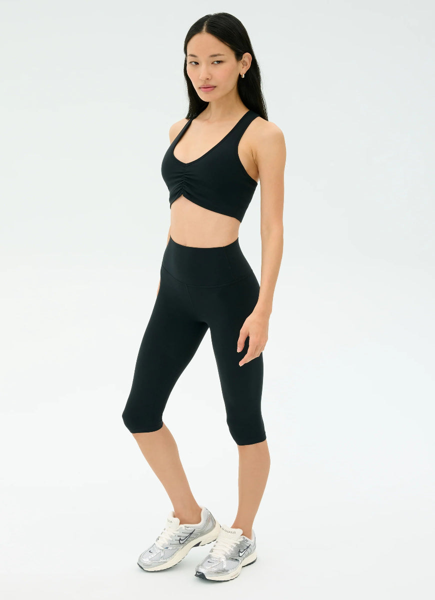Splits59 Airweight Sports Bra With Ruching in Black Full Length Angled Side and Front View