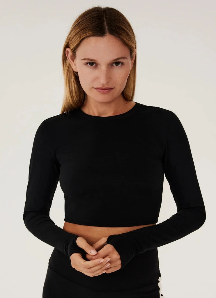 Splits59 Airweight Long Sleeve Crop Top in Black Waist Up Front View