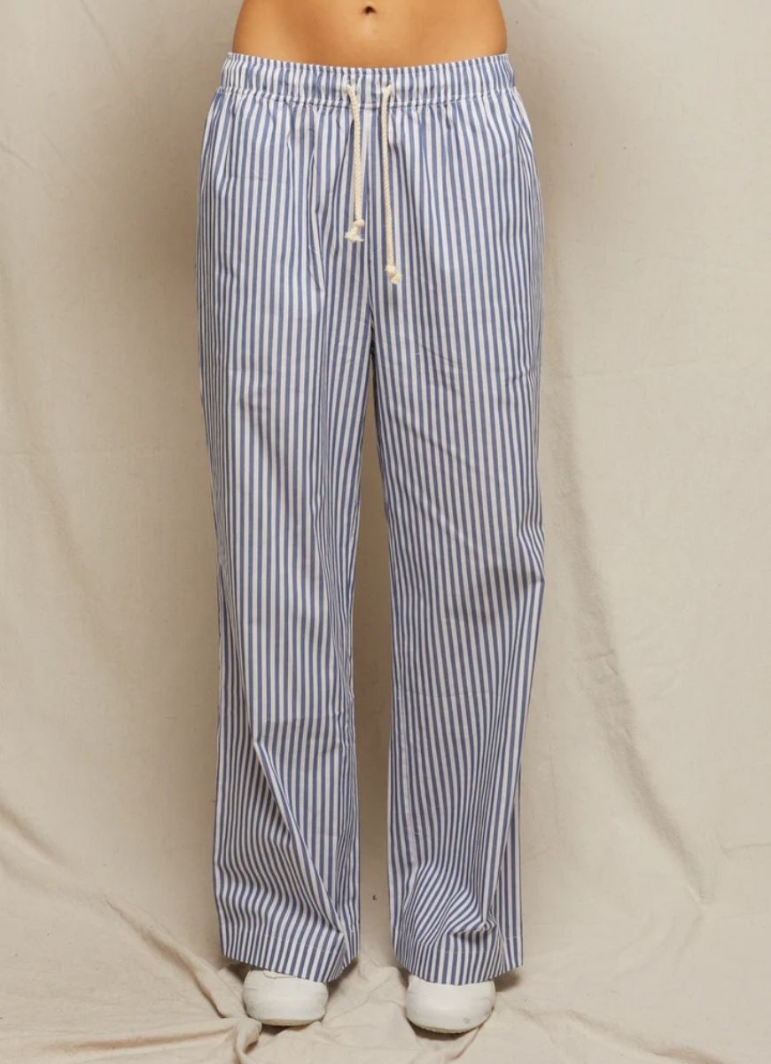 perfectwhitetee Andi Cotton Poplin Stripe Pant in Chambray Stripe
