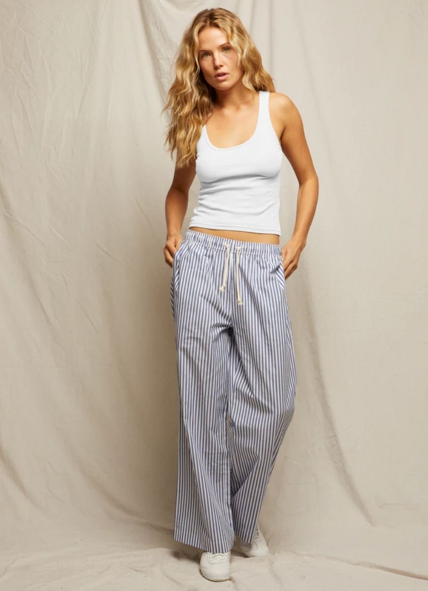 perfectwhitetee Andi Cotton Poplin Stripe Pant in Chambray Stripe Front View With Hands in Pockets