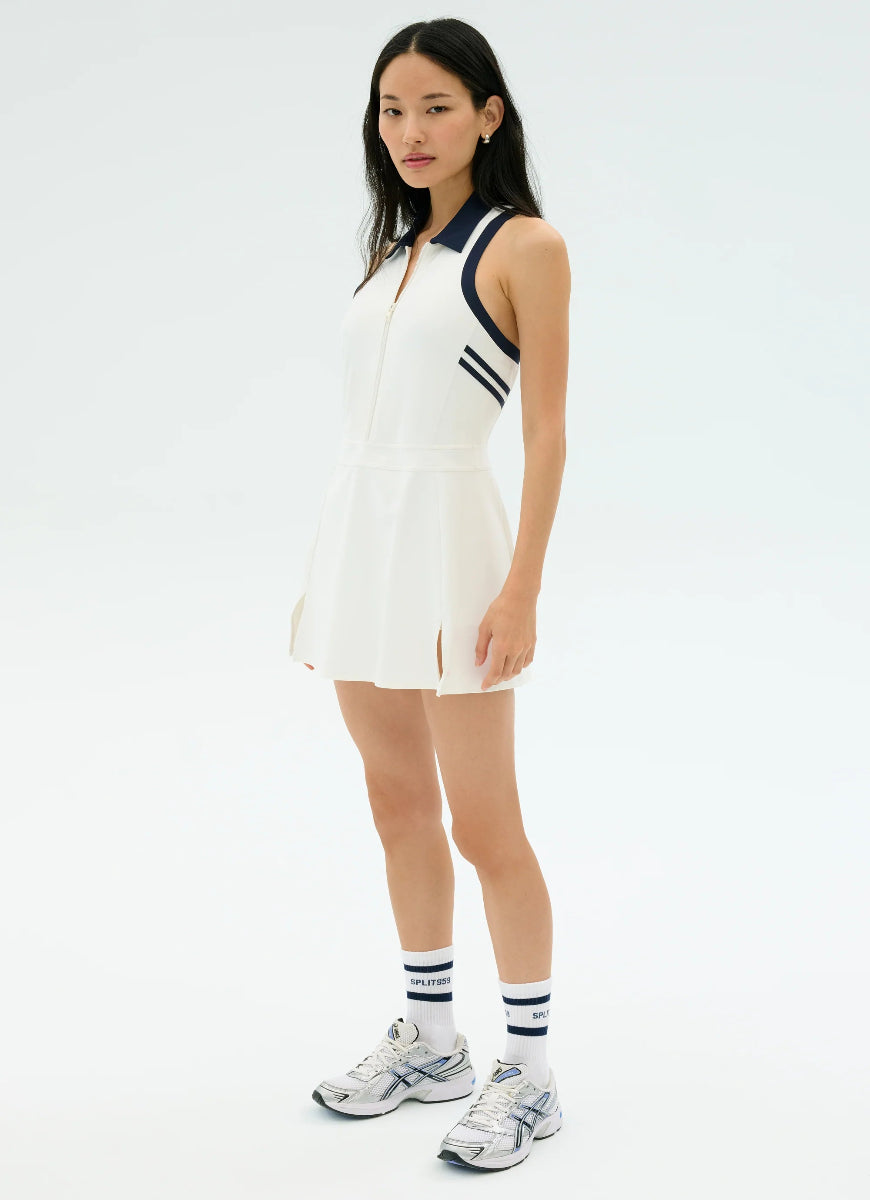 Splits59 Austin Rigor Dress in White/Indigo Full Length Side View
