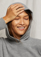 perfectwhitetee Azalia Waffle Hoodie in Heather Grey Close Up Front View With Hood Up