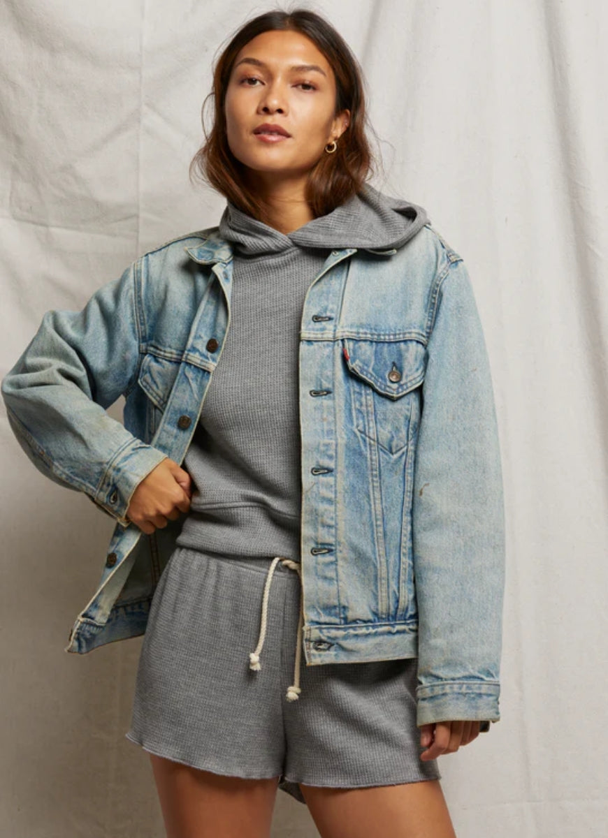 perfectwhitetee Azalia Waffle Hoodie in Heather Grey Front View Shown With a Jean Jacket Over Top
