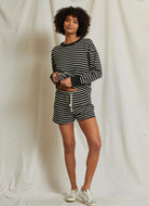 perfectwhitetee Bennie French Terry Short in Black/Natural Stripe Full Length Front View