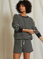 perfectwhitetee Bennie French Terry Short in Black/Natural Stripe Front View