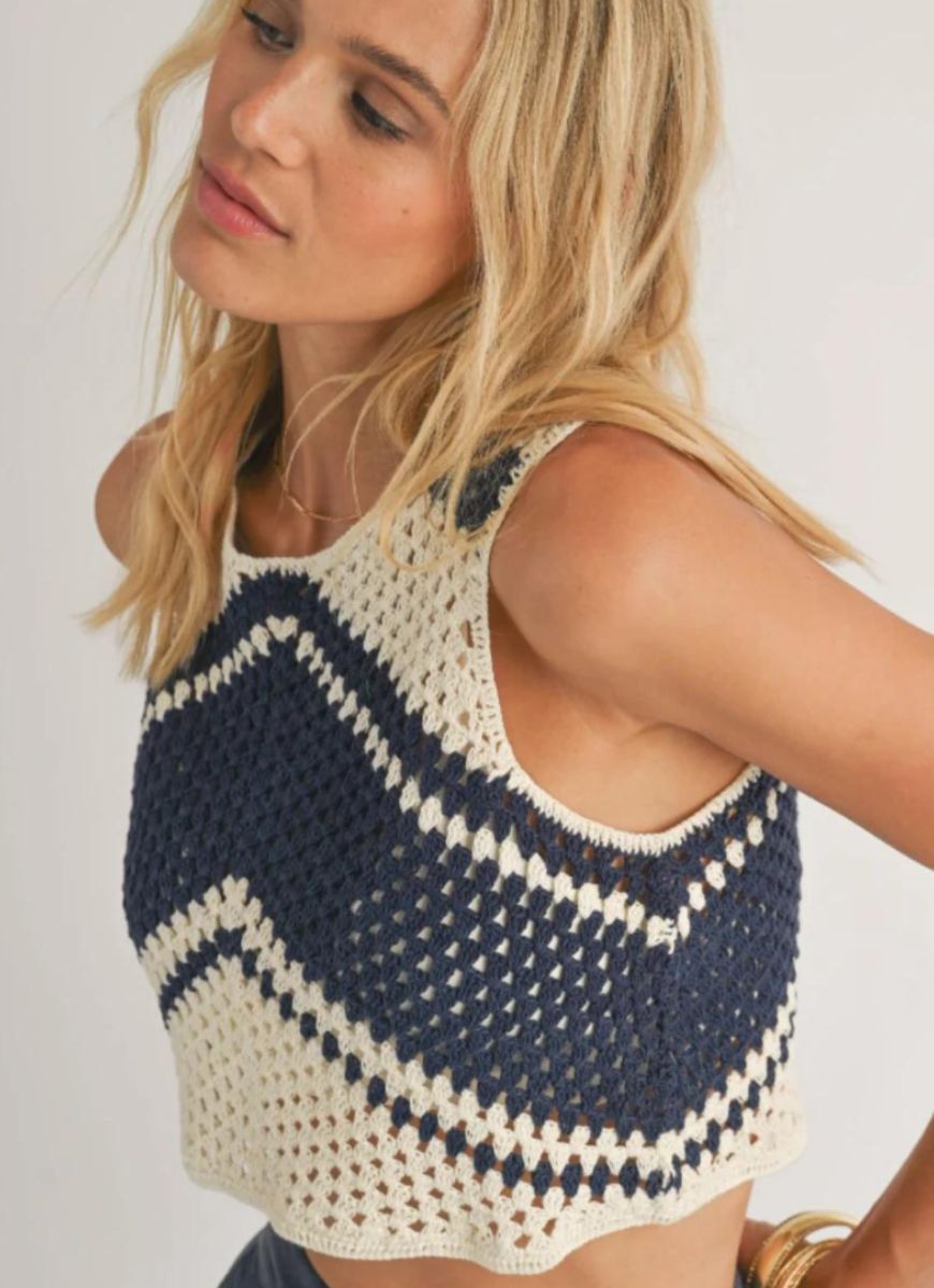 Sadie & Sage Beverly Crochet Sweater Tank in White/Navy Close Up View