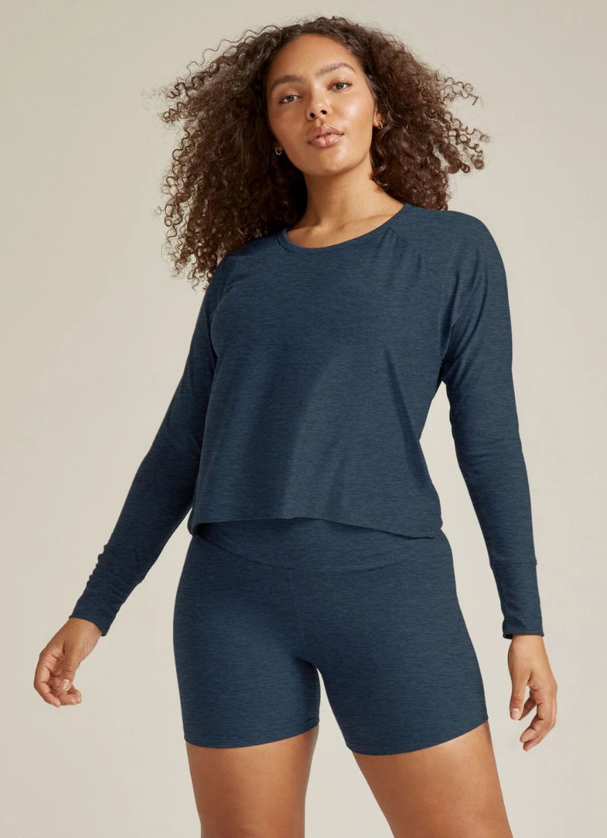 Beyond Yoga Featherweight Daydreamer Pullover in Nocturnal Navy Front View