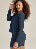 Beyond Yoga Featherweight Daydreamer Pullover in Nocturnal Navy Side View