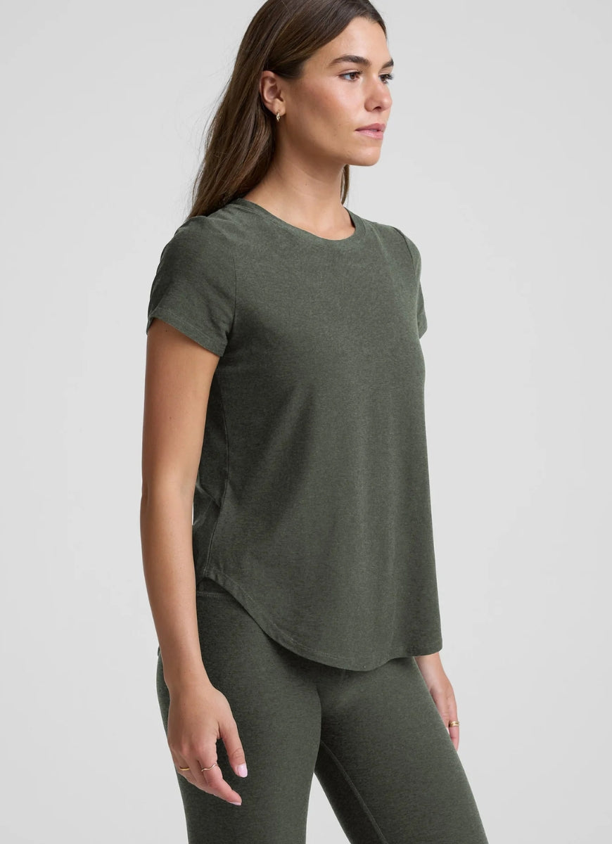 Beyond Yoga Featherweight On The Down Low Tee in Dusty Forest Heather Angled Side View