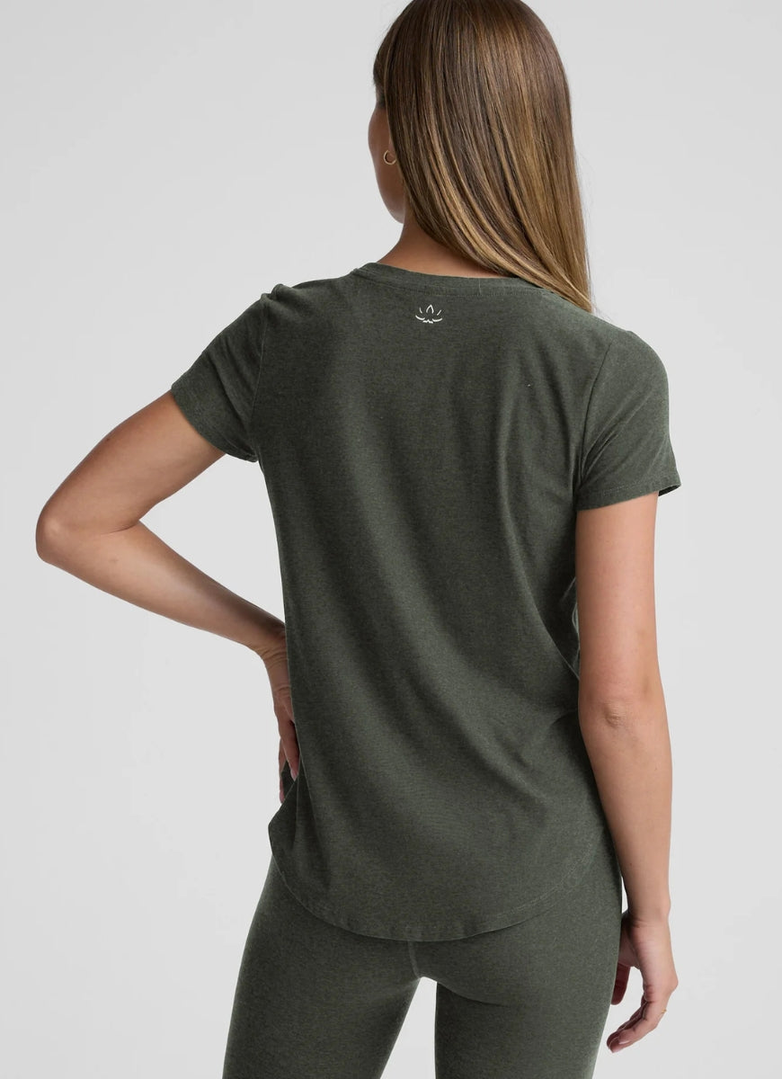 Beyond Yoga Featherweight On The Down Low Tee in Dusty Forest Heather Back View