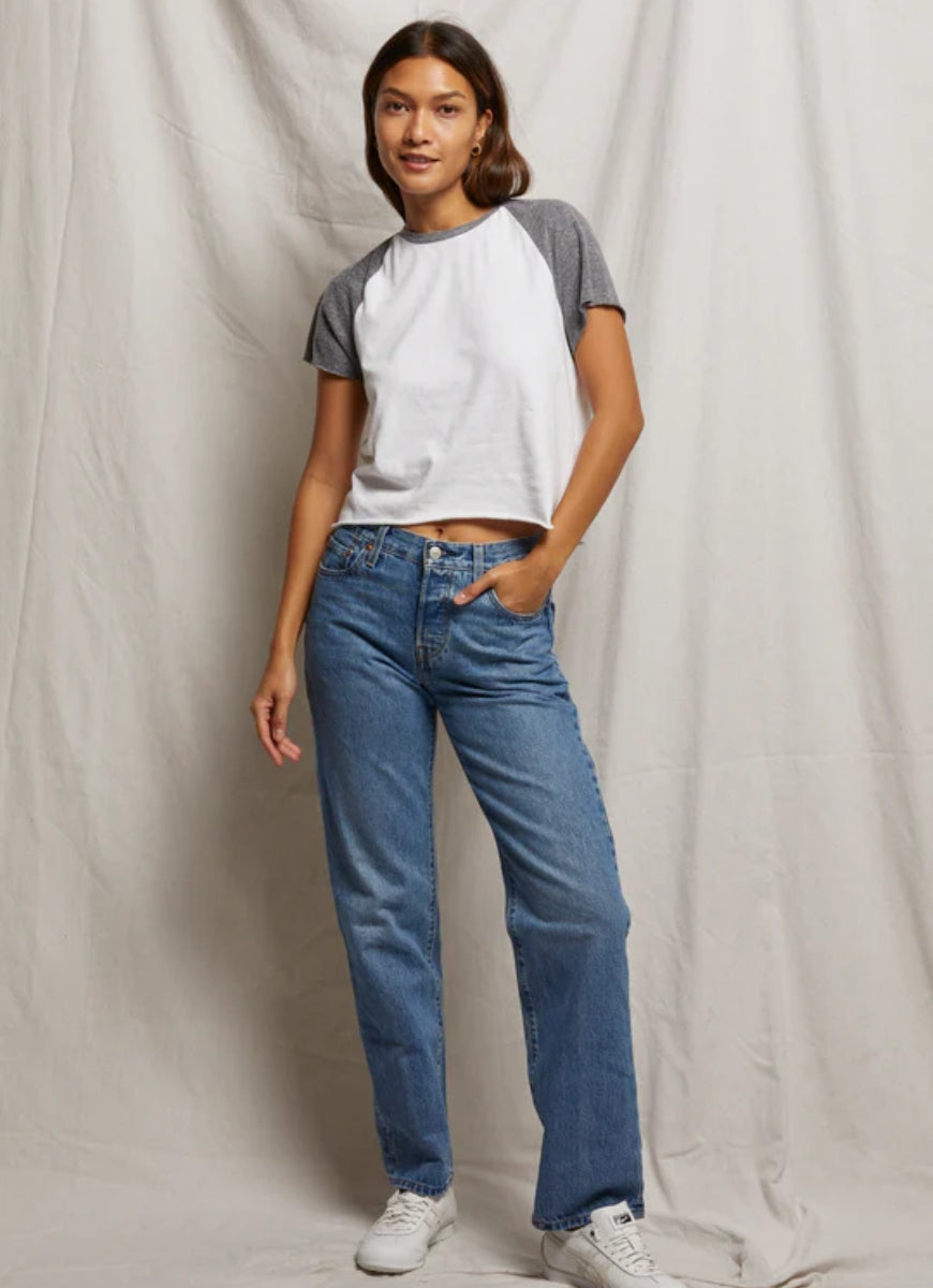 perfectwhitetee Britt Colour Block Tee in White/Heather Full Length Front View