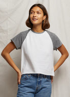 perfectwhitetee Britt Colour Block Tee in White/Heather Front View