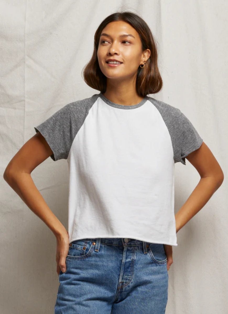 perfectwhitetee Britt Colour Block Tee in White/Heather Front View