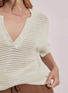 Varley Callie Knit Women's Top in Egret Close Up Front View Showing Buttons