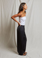 perfectwhitetee Camille Satin Wide Leg Pant in Navy Full Length Side View