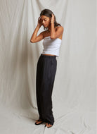 perfectwhitetee Camille Satin Wide Leg Pant in Navy Angled Side and Front View