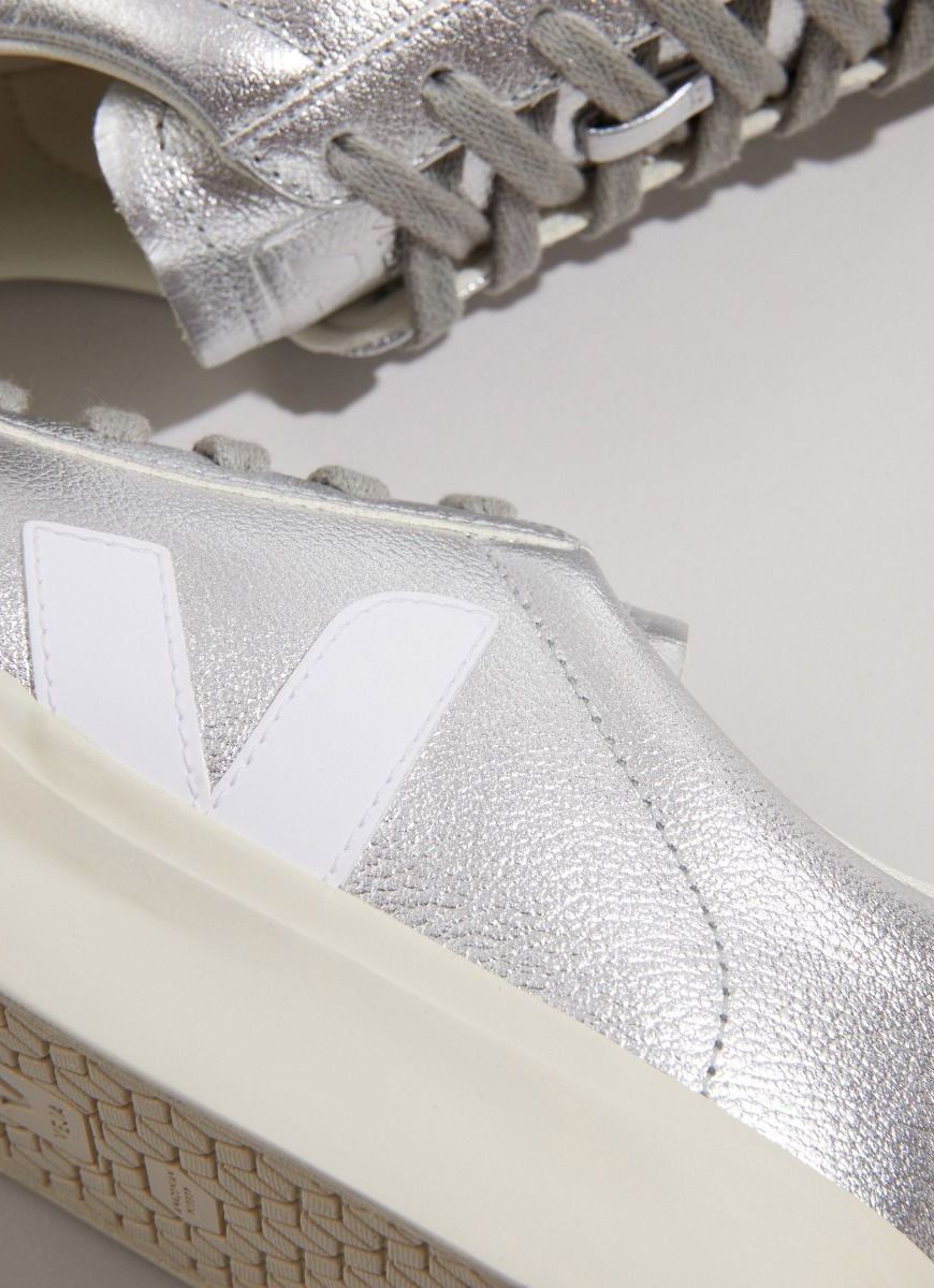 Veja Women's Campo Sneaker in Silver Close Up View of Logo