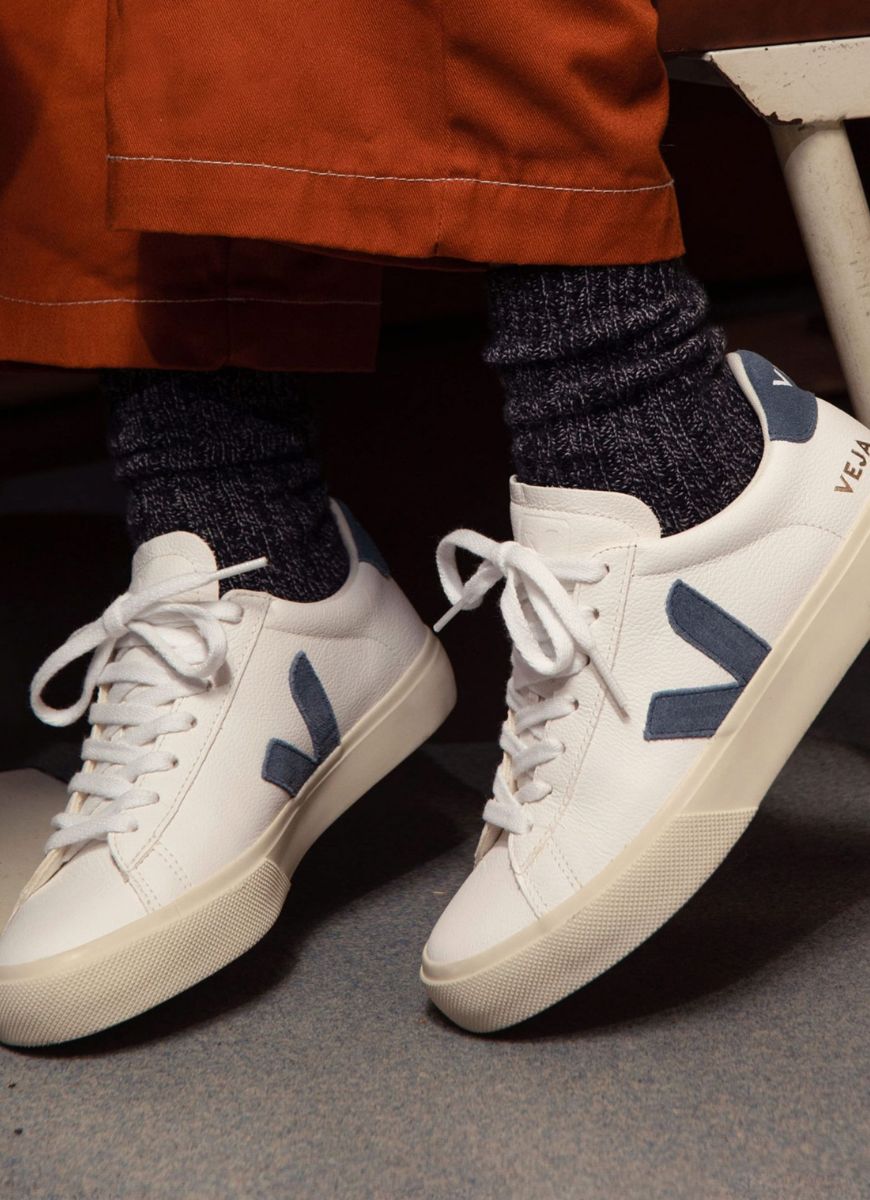 Veja Campo Women's Sneaker in White/California Side View Shown on Model Wearing Socks