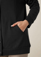 Beyond Yoga Women's Carefree Cardigan in Black Close Up View of Hand in Pocket