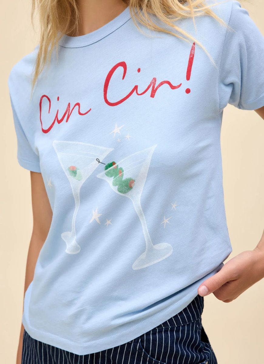 DAYDREAMER Cin Cin! Ringer Tee in Powder Blue Close Up Front View