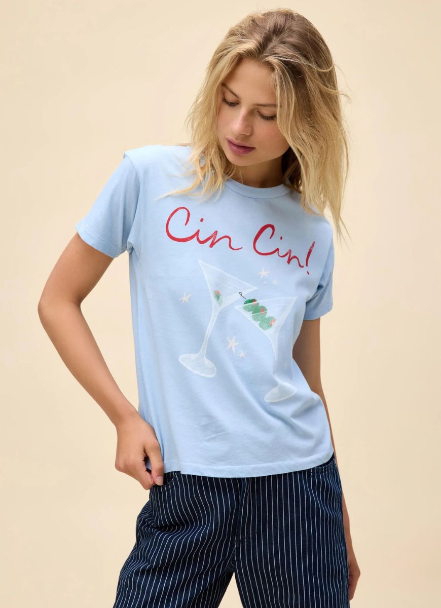 DAYDREAMER Cin Cin! Ringer Tee in Powder Blue Front View