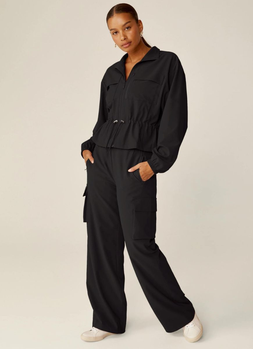 Beyond Yoga City Chic Cargo Pant in Black Full Front View With Hands in Pockets