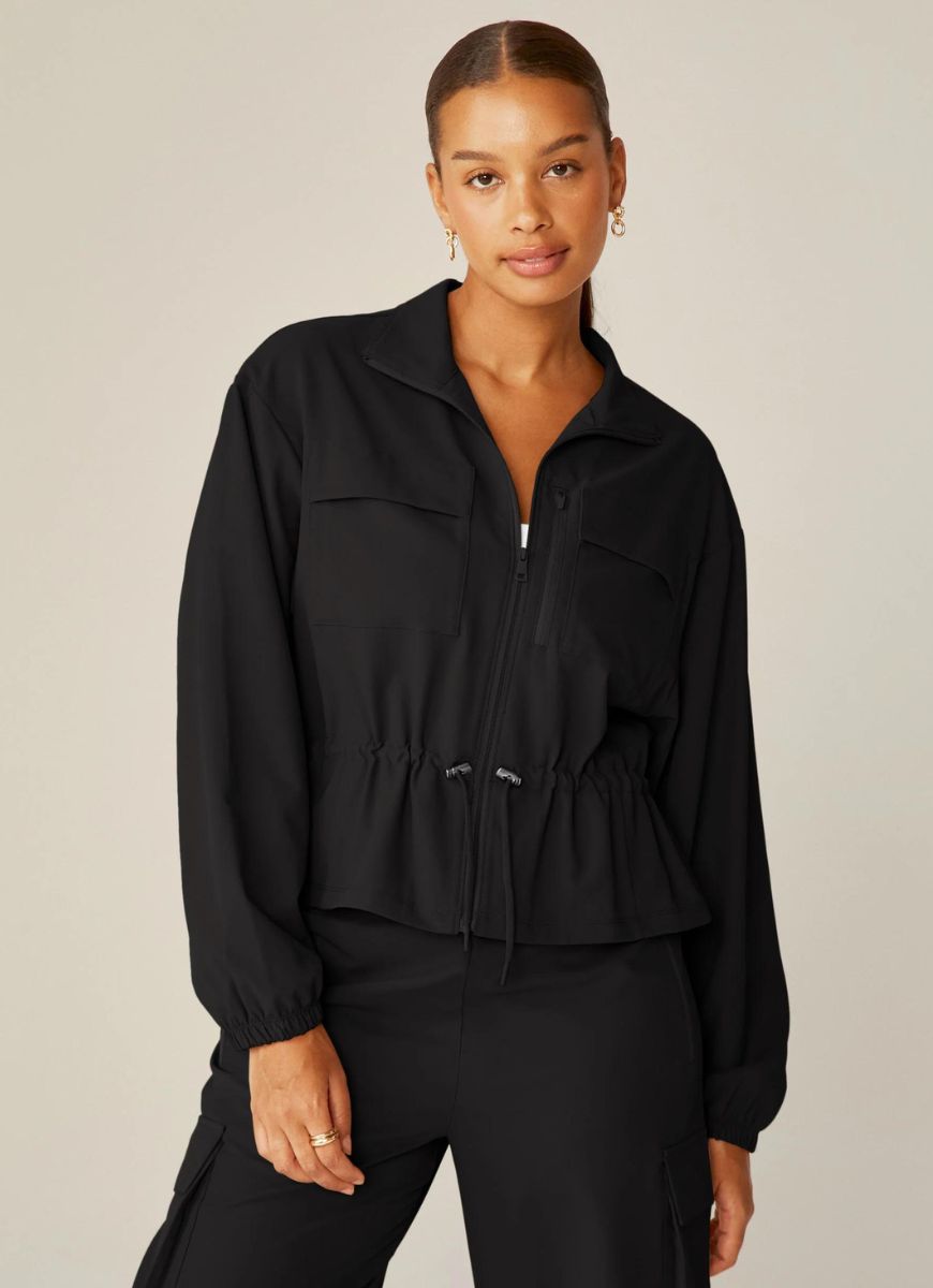 Beyond Yoga City Chic Women's Jacket in Black Front View Zipped Up