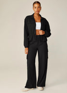 Beyond Yoga City Chic Women's Jacket in Black Full Front View Unzipped