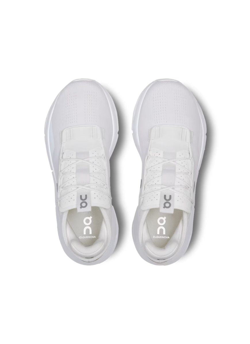 On Womens Cloudnova 2 Running Sneaker in All White Top View