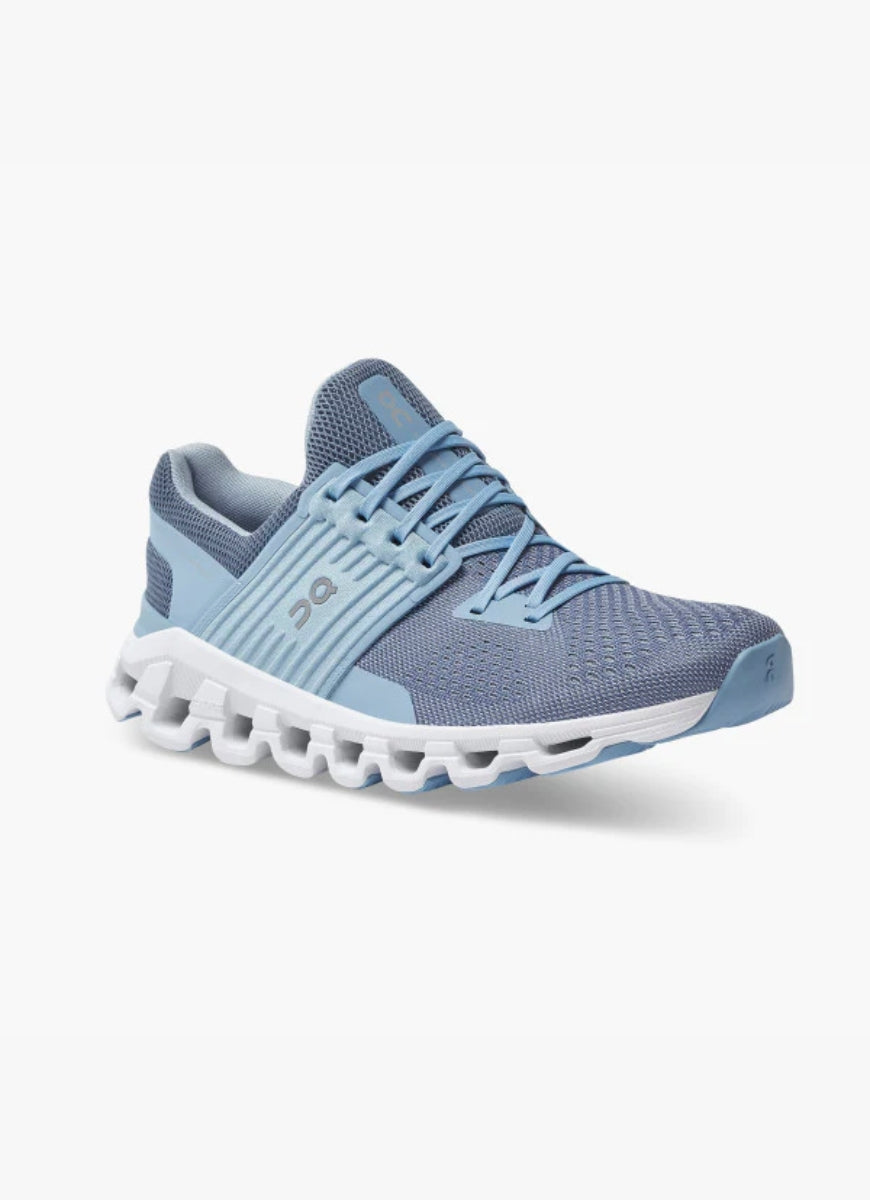 On Cloudswift Women's Running Shoe in Lake/Sky Angled Side View
