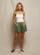 perfectwhitetee Colette Satin Shorts in Aloe Full Length Front View