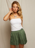 perfectwhitetee Colette Satin Shorts in Aloe Front View