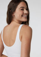 Vuori Daily Crop Tank Top in White Close Up Back View